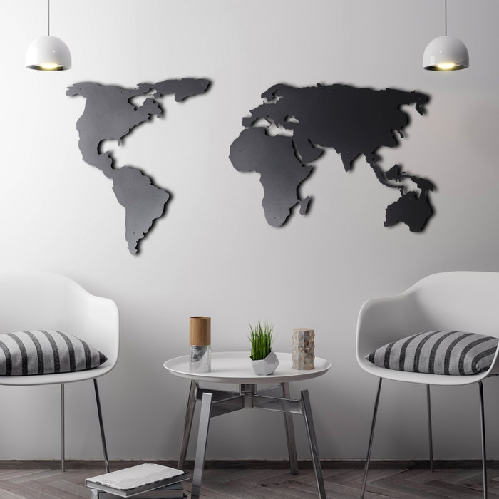 Wallity World Map Silhouette Escultura de pared de metal negra